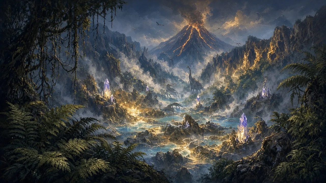 Original painted artwork evoking Un'Goro Crater