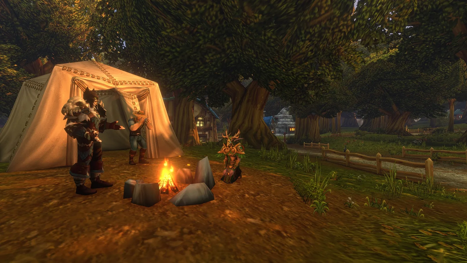 Character sitting at a campfire by a tent