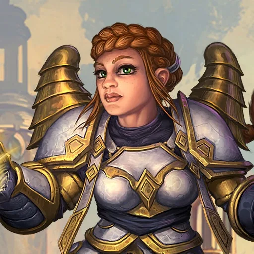 Class card art: armoured dwarf woman (modern World of Warcraft art, not a Forever screenshot)
