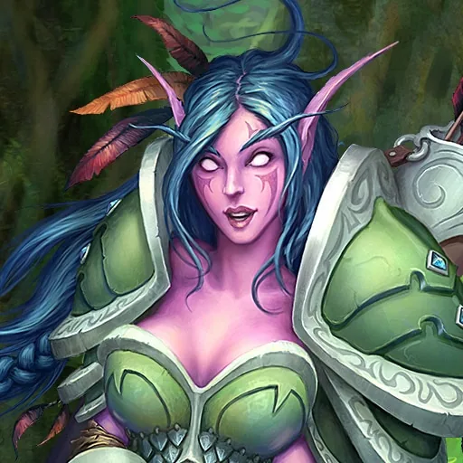Class card art: night elf woman in green (modern World of Warcraft art, not a Forever screenshot)