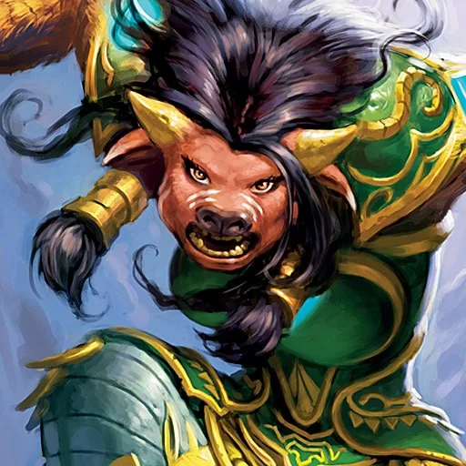 Class card art: pandaren with axe (modern World of Warcraft art, not a Forever screenshot)