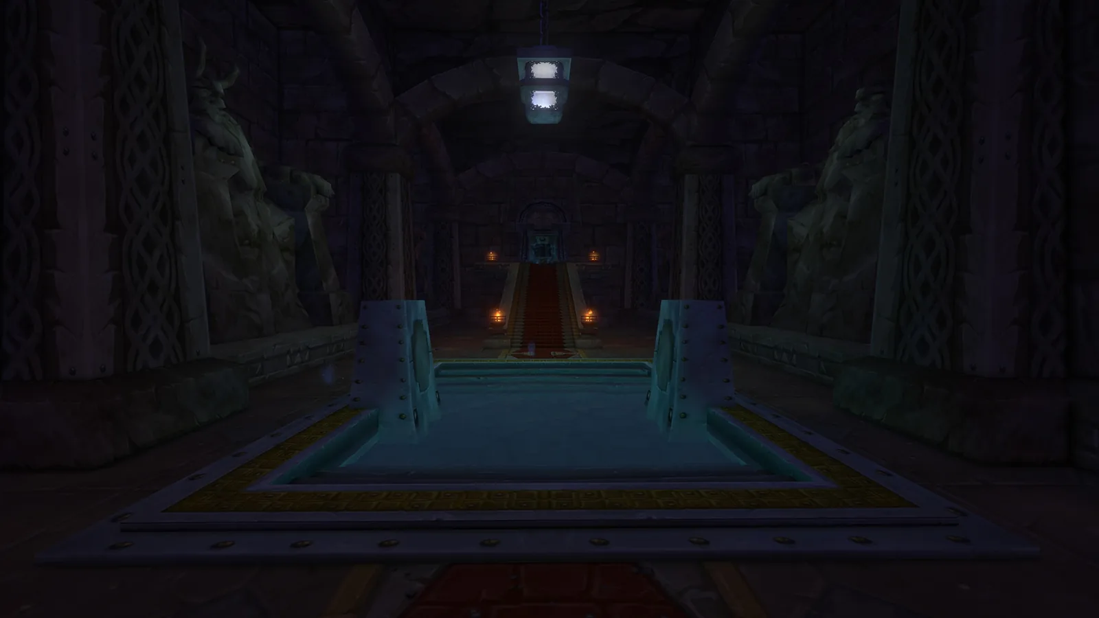 Dark stone dungeon corridor with pool