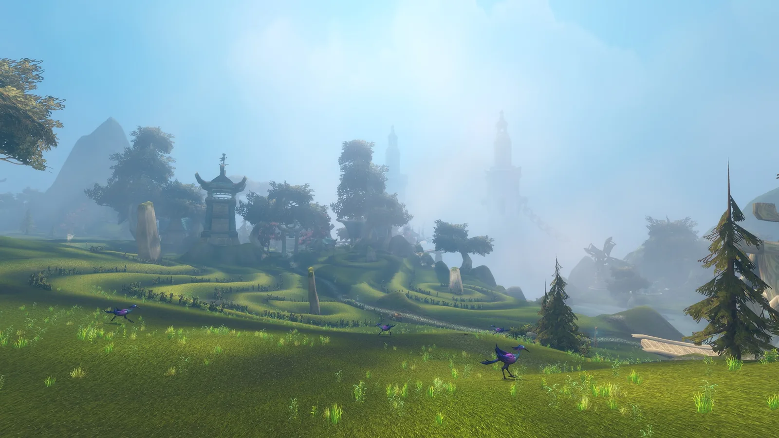Green meadow with pagoda-style ruins