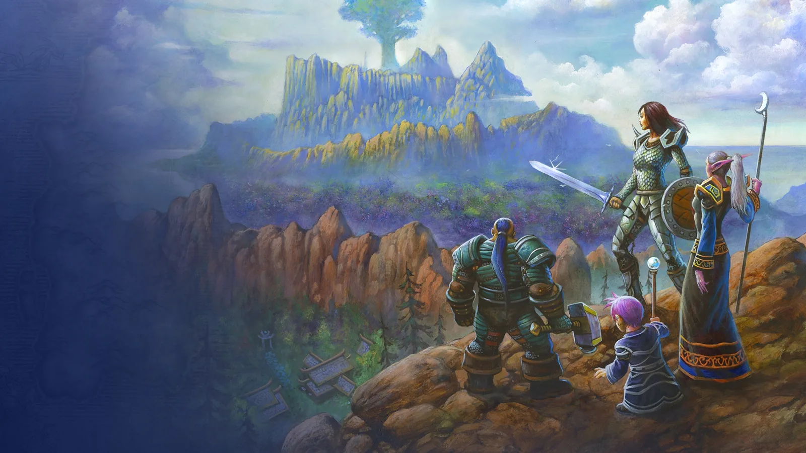 Painted key art: heroes before a valley