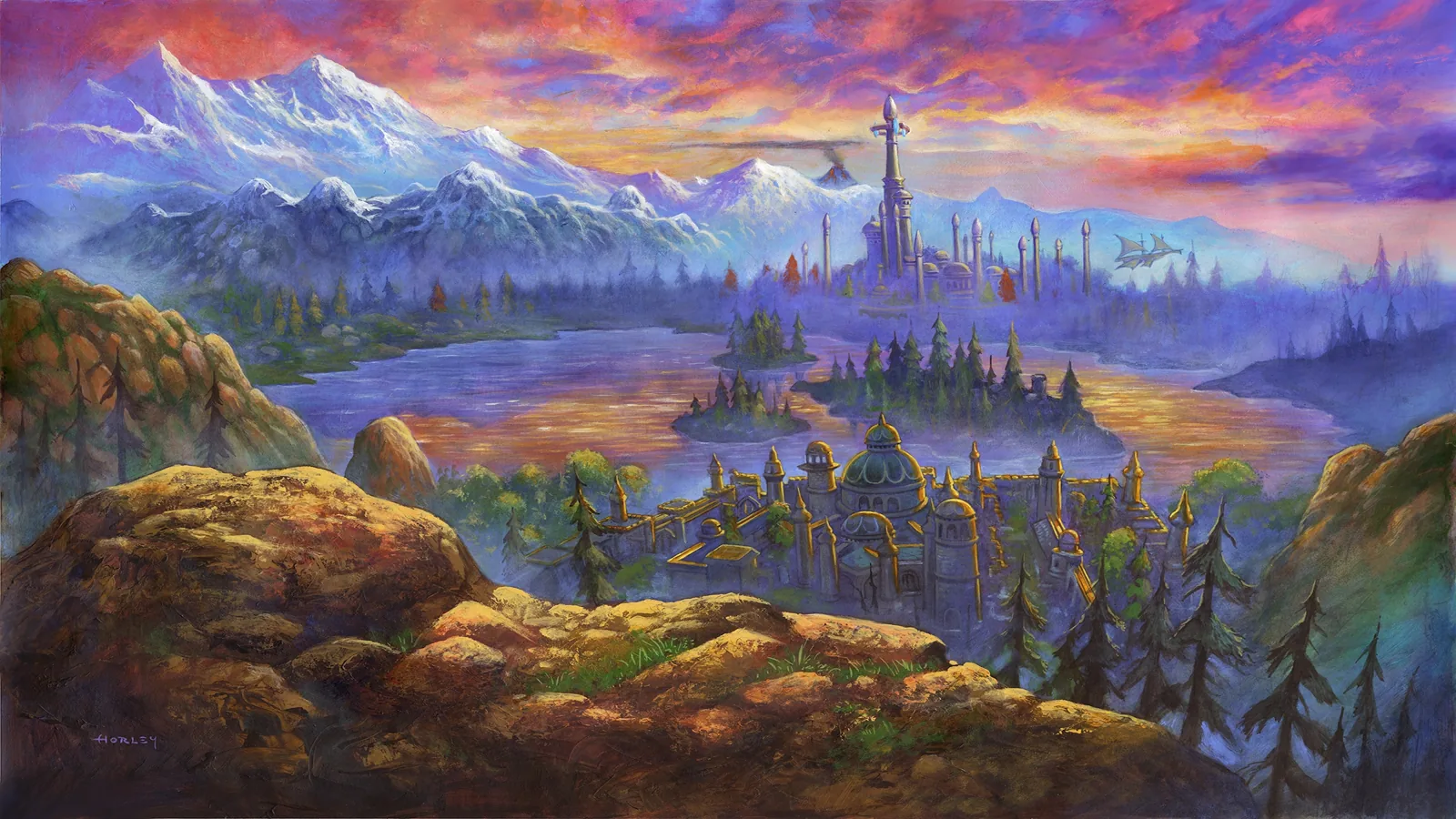 Painted panorama of Azeroth with a tower