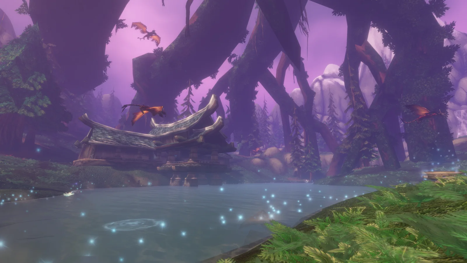 Purple twisted forest by a glowing lake