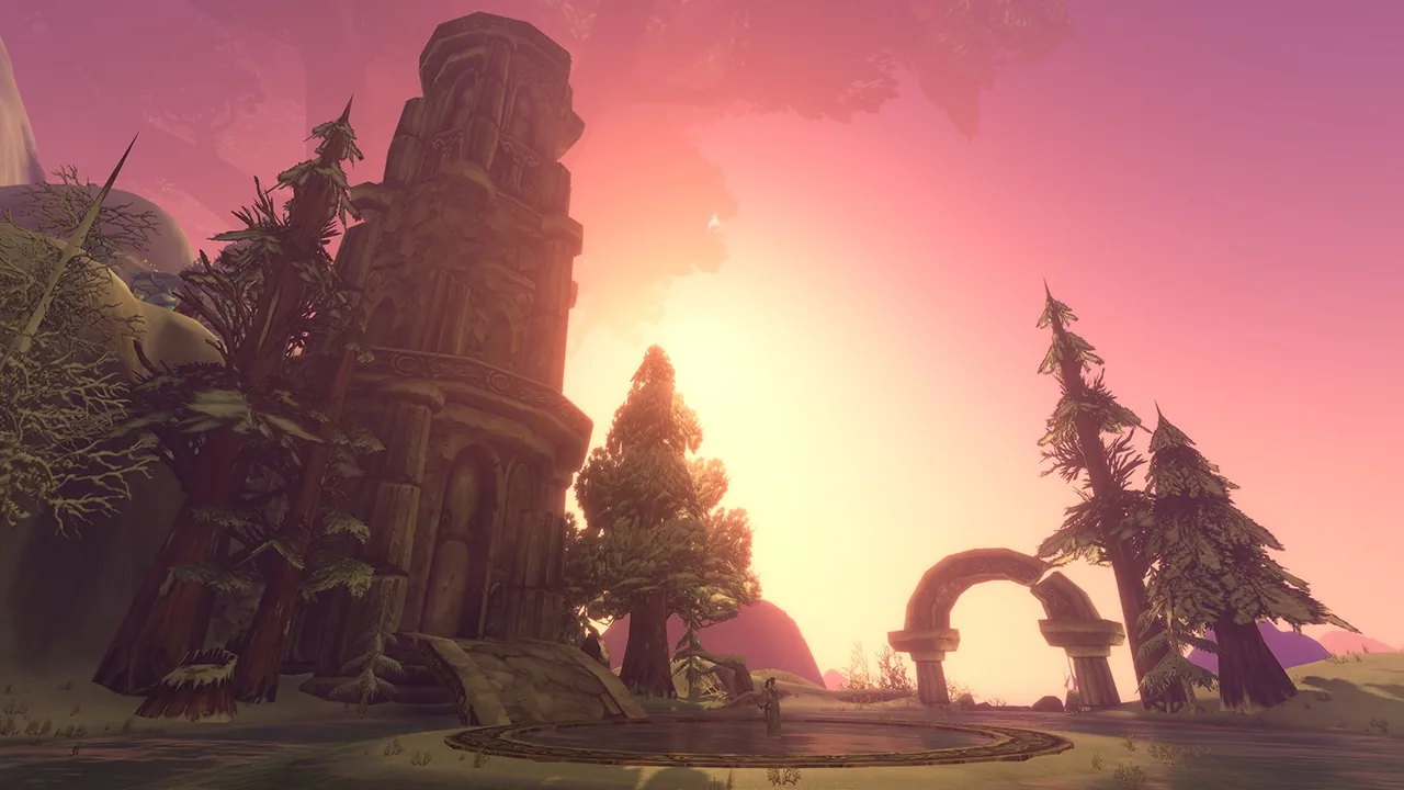 Hyjal Summit: sunset with rock spire and arch