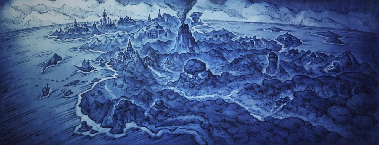 Blue sketch-style continent map art
