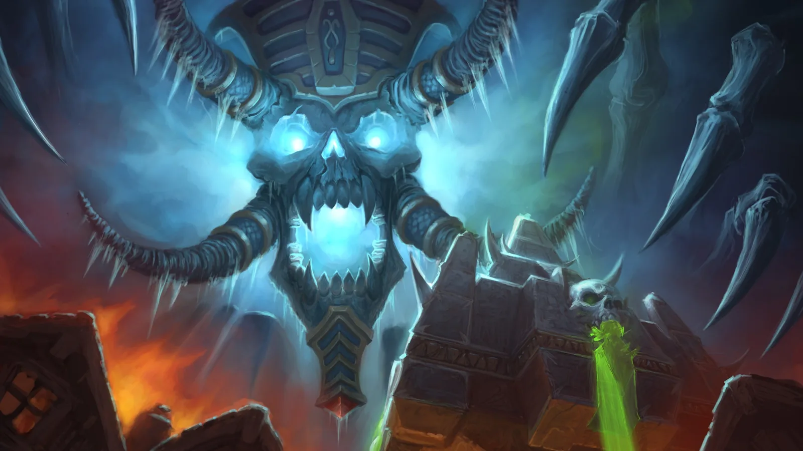 Painted key art: Kel'Thuzad's skull over the Necropolis