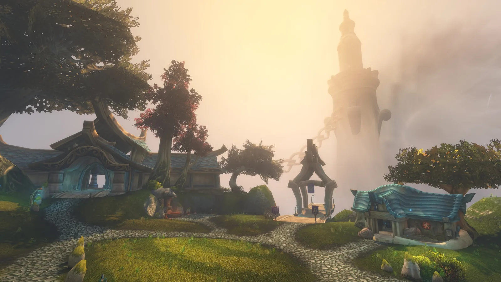 Skyborne village by a misty tower