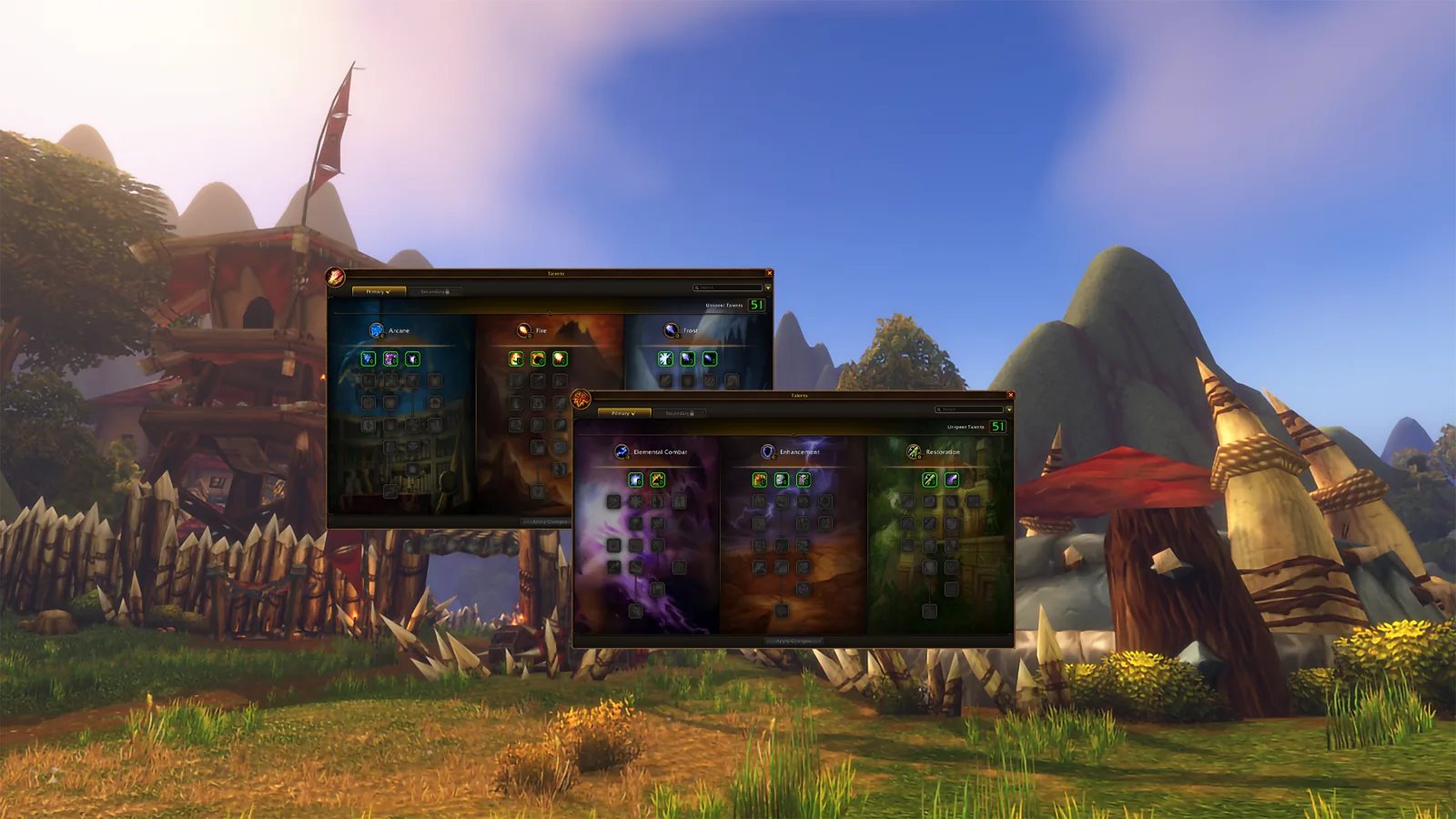 Talent-tree windows over a grassy village scene