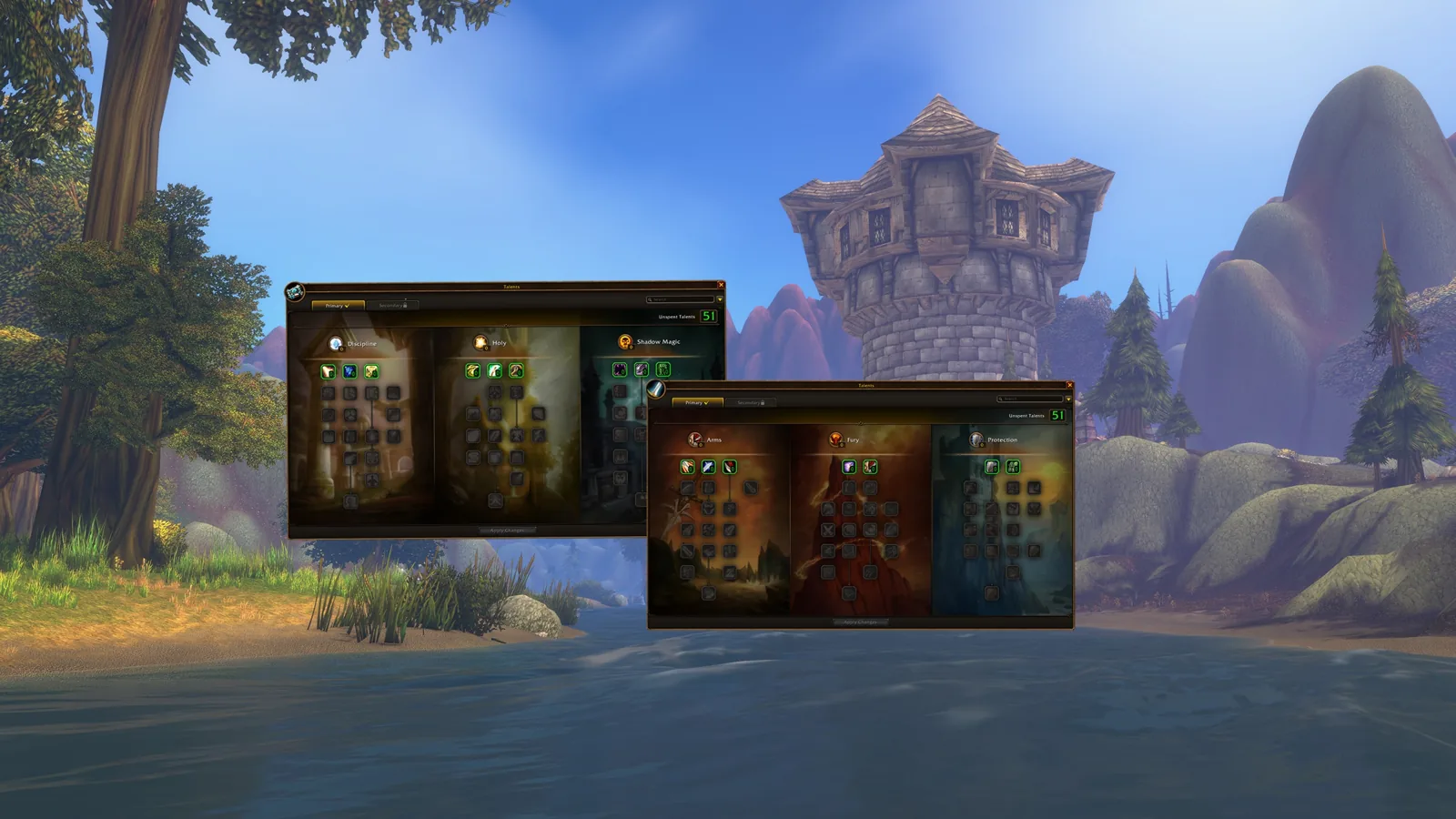 Talent-tree windows over lake and tower scene