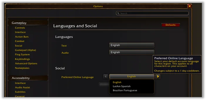 WoW Forever Options menu, Languages and Social