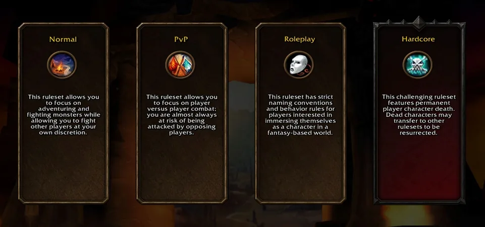 Ruleset choice screen: Normal, PvP, Roleplay, Hardcore