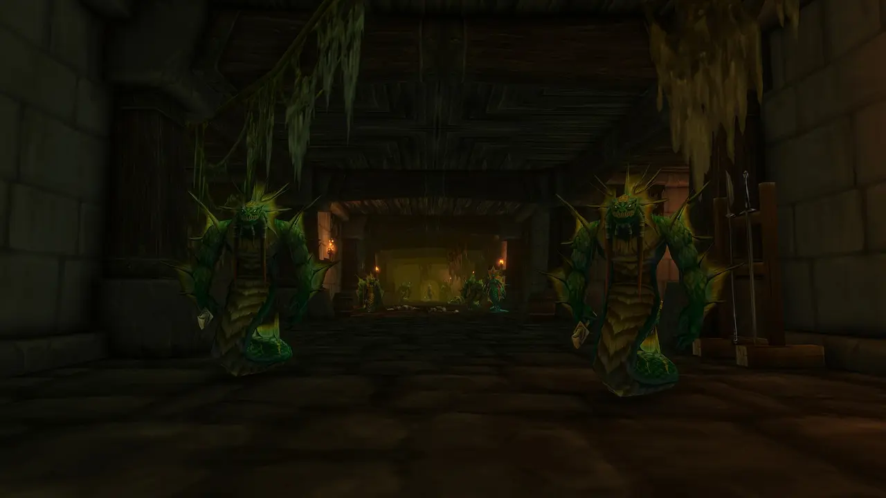 Official WoW Forever image: dark interior screenshot, two characters by fireplace