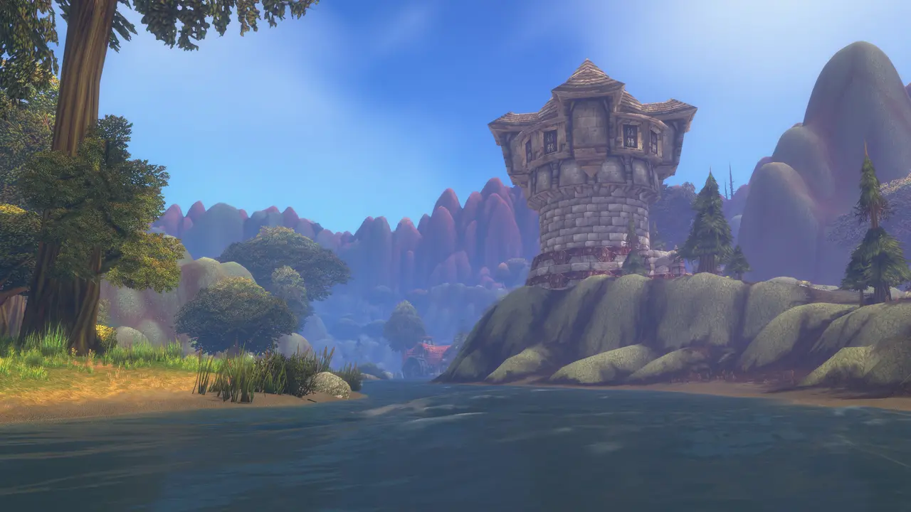 Official WoW Forever image: landscape: town on cliff above lake
