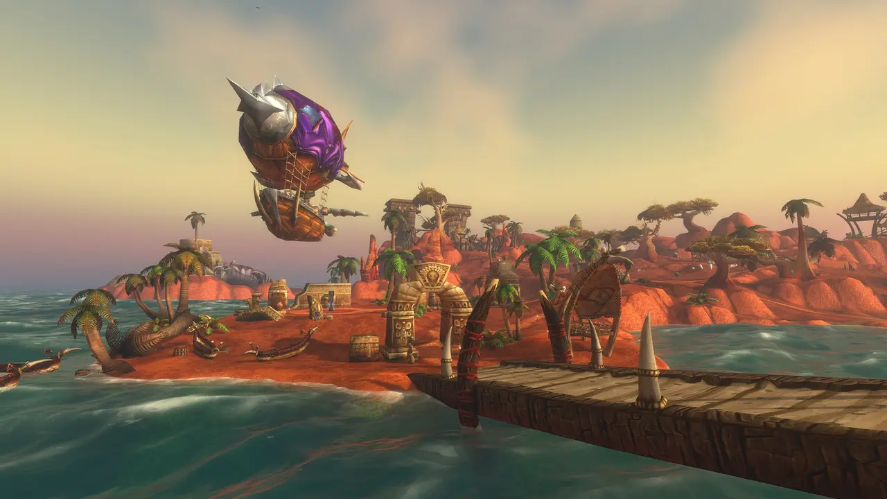 Official WoW Forever image: docks/harbour with airship screenshot