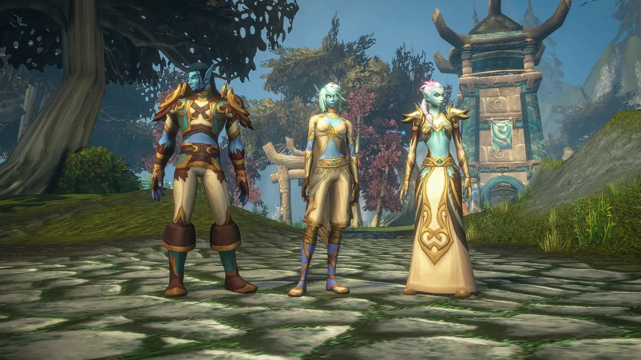 Official WoW Forever image: two characters posing in town