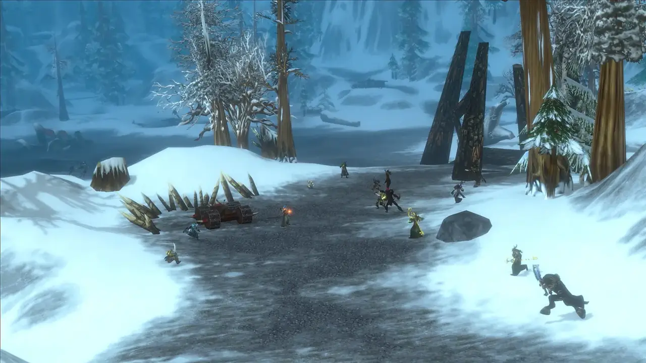 Players fighting in a snowy forest