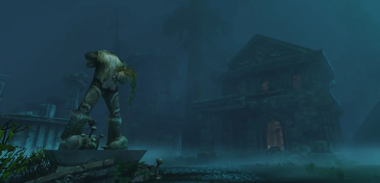 Statue in a misty blue ruin
