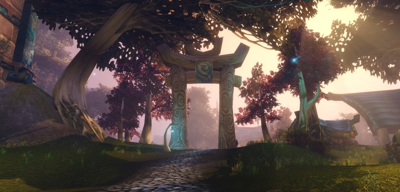 Stone arch in a pink-lit forest